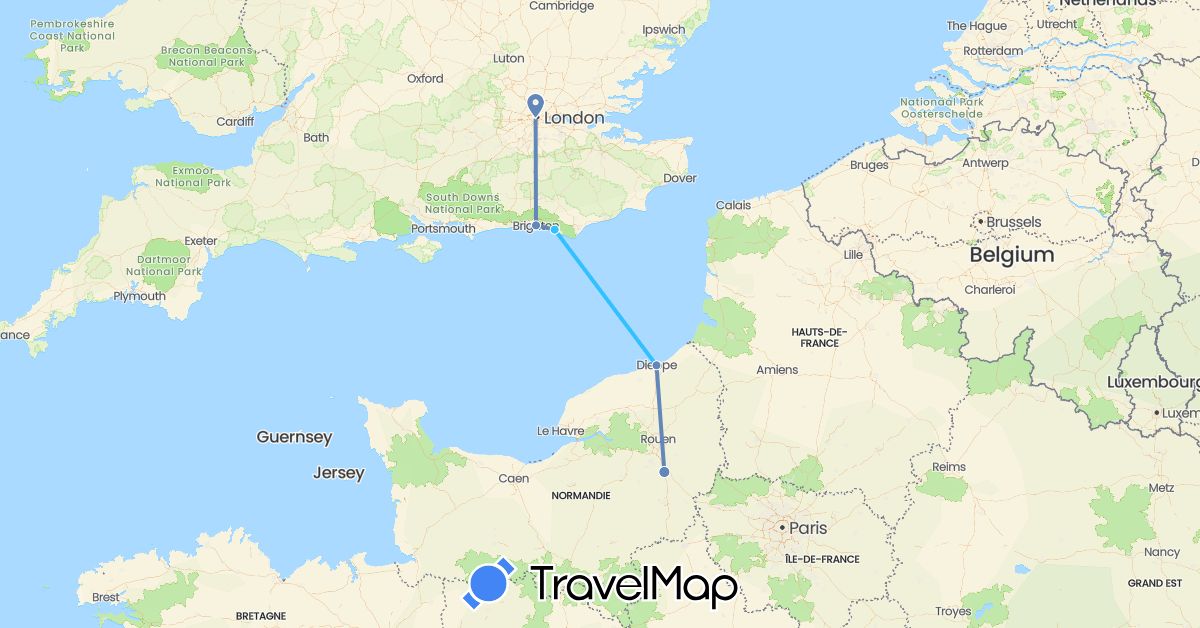 TravelMap itinerary: driving, cycling, boat in France, United Kingdom (Europe)